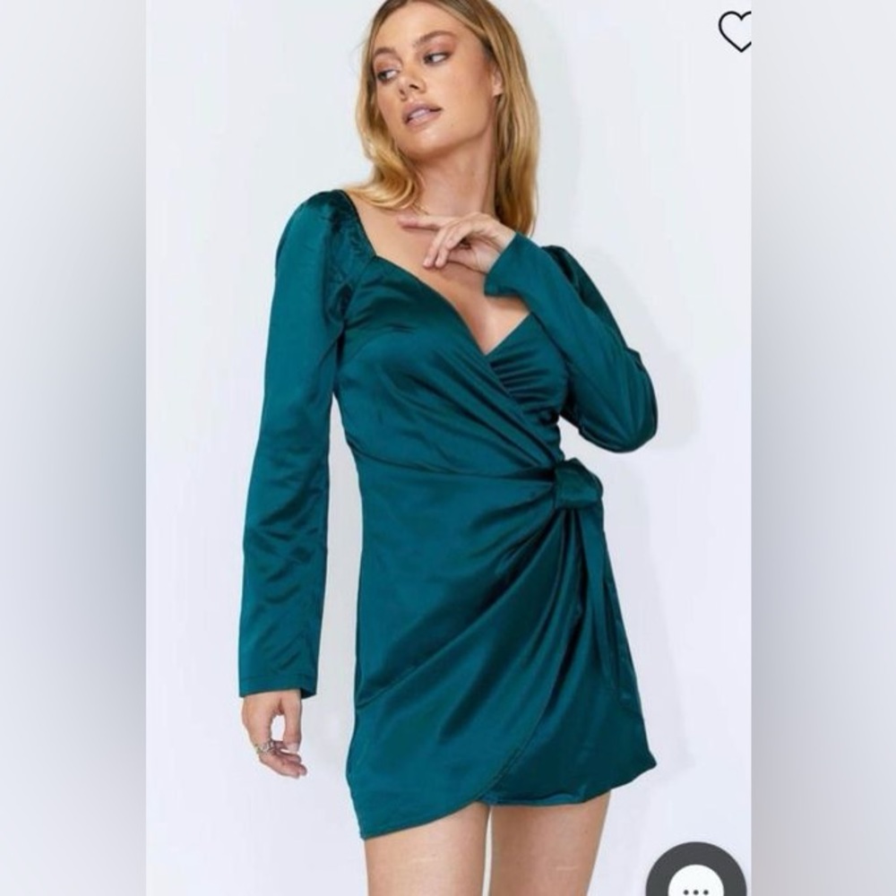 Princess polly wrap around satin blue dress long sleeve